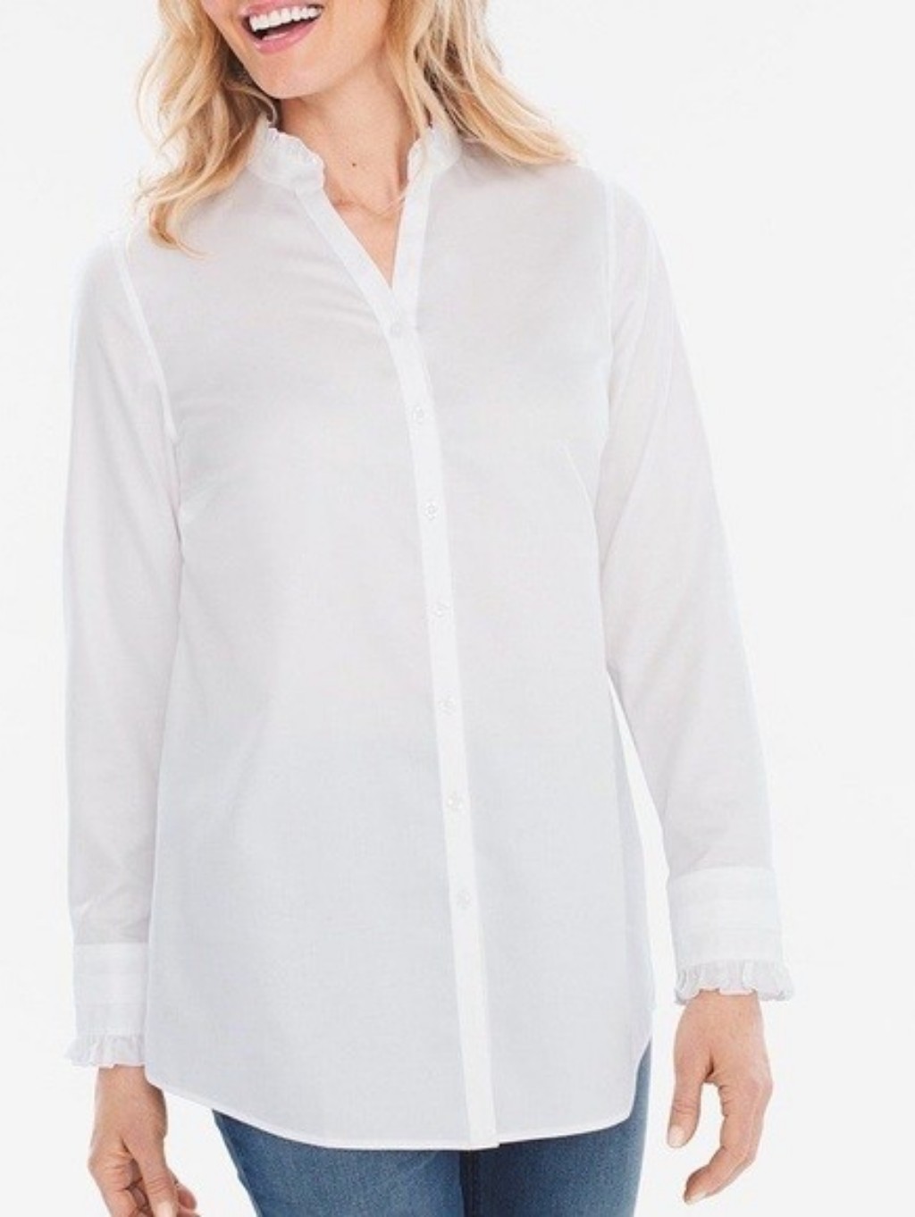 Euc Chico's No Iron White Ruffle Trim Shirt Size 0